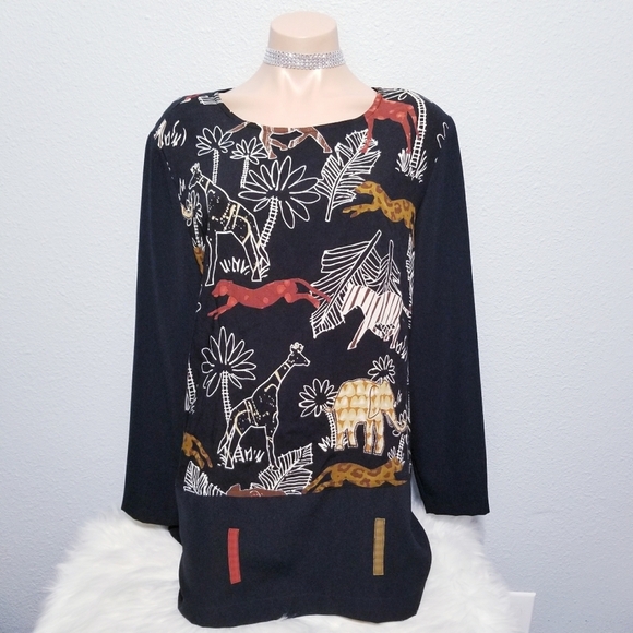 Vintage 80's 90's retro Novelty animal elephant giraffe blouse top MEDIUM - Picture 1 of 7